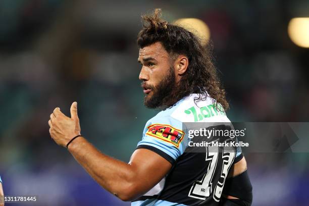 Toby Rudolf of the Sharks speaks to a team mate during the round five NRL match between the Sydney Roosters and the Cronulla Sharks at Sydney Cricket...