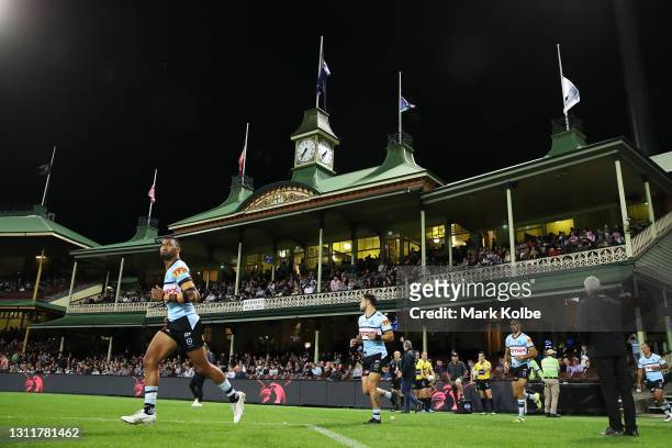 The Sharks run out during the round five NRL match between the Sydney Roosters and the Cronulla Sharks at Sydney Cricket Ground, on April 10 in...