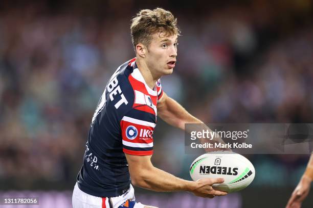 Sam Walker of the Roosters runs the ball during the round five NRL match between the Sydney Roosters and the Cronulla Sharks at Sydney Cricket...