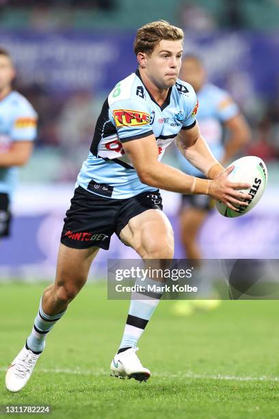 Blayke Brailey of the Sharks runs the ball during the round five NRL match between the Sydney Roosters and the Cronulla Sharks at Sydney Cricket...