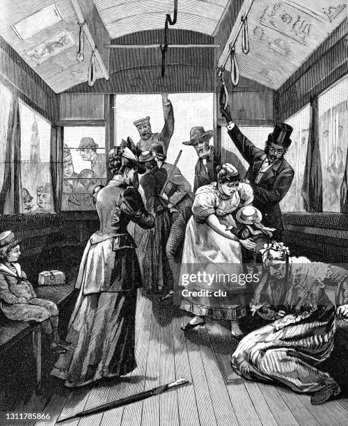 cholera in hamburg, woman feels miserable in the horse-drawn tram - cholera stock illustrations