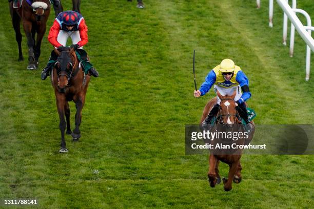 Ciaran Gethings riding Hometown Boy win The EFT Systems Handicap Hurdle at Aintree Racecourse on April 10, 2021 in Liverpool, England. Sporting...