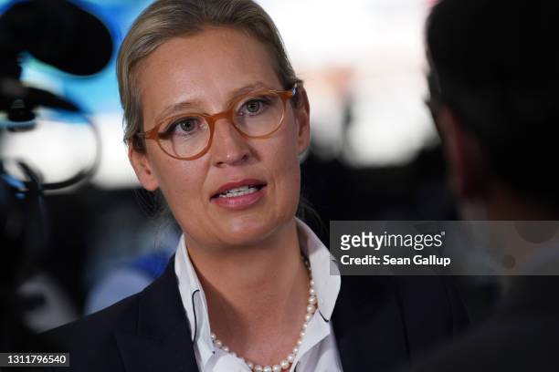 Alice Weidel, co-leader of the Bundestag faction of the right-wing Alternative for Germany political party, speaks to members of the media at the AfD...