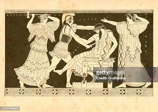 aegisthus being murdered by orestes and pylades ancient greece - sparta greece stock illustrations
