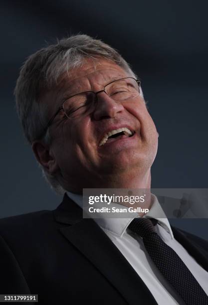 Joerg Meuthen, co-head of the right-wing Alternative for Germany political party, speaks to the media at the AfD federal party congress on April 10,...