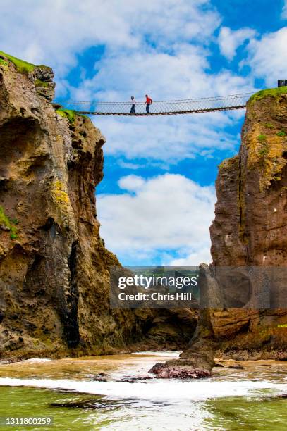 carrick-a-rede rope bridge,co. antrim, northern ireland - northern ireland rope bridge stock-fotos und bilder