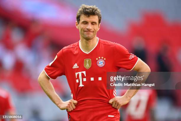 Thomas Mueller of FC Bayern Muenchen reacts following the Bundesliga match between FC Bayern Muenchen and 1. FC Union Berlin at Allianz Arena on...
