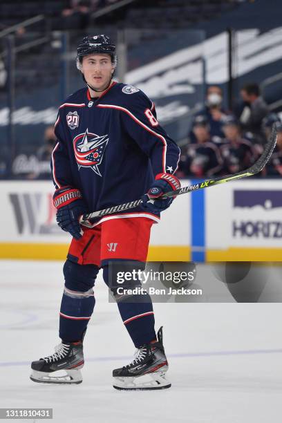 Zach Werenski of the Columbus Blue Jackets skates during the first period of a game against the Tampa Bay Lightning at Nationwide Arena on April 8,...