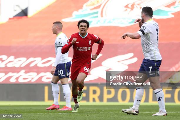 Trent Alexander-Arnold of Liverpool celebrates after scoring their team's second goal during the Premier League match between Liverpool and Aston...