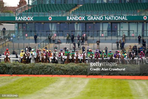 General view as runners prepare for the start of The Randox Grand National Handicap Chase at Aintree Racecourse on April 10, 2021 in Liverpool,...