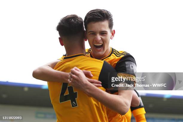Oliver Tipton of Wolverhampton Wanderers celebrates with Justin Hubner of Wolverhampton Wanderers after scoring his team's first goal during the U18...