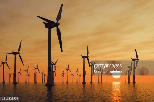 offshore windturbines bij zonsondergang - windmolens stockfoto's en -beelden