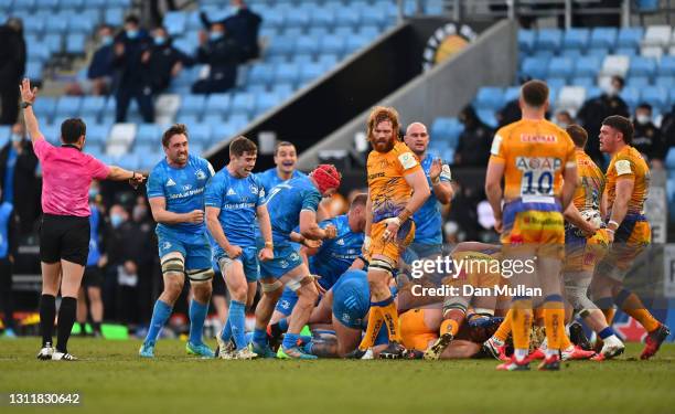 Leinster players celebrate winning a scrum penalty during the Heineken Champions Cup Quarter Final match between Exeter Chiefs and Leinster at Sandy...