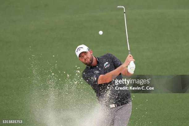 Marc Leishman of Australia plays a shot from a bunker on the second hole during the third round of the Masters at Augusta National Golf Club on April...