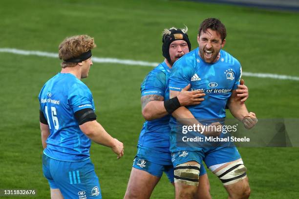 Jack Conan of Leinster celebrates with team mate Ed Byrne following the Heineken Champions Cup Quarter Final match between Exeter Chiefs and Leinster...