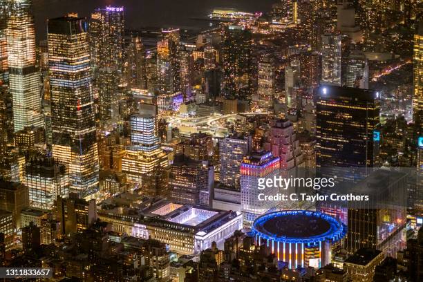 An aerial view of Moynihan Station and Madison Square Garden on February 26, 2021 in New York City.