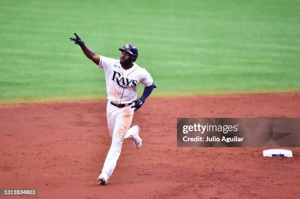 Randy Arozarena of the Tampa Bay Rays runs the bases after hitting a home run off of Domingo German of the New York Yankees in the third inning at...