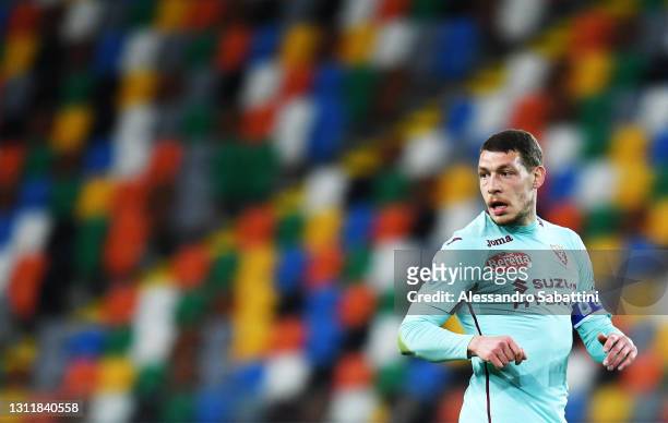 Andrea Belotti of Torino FC looks on during the Serie A match between Udinese Calcio and Torino FC at Dacia Arena on April 10, 2021 in Udine, Italy....