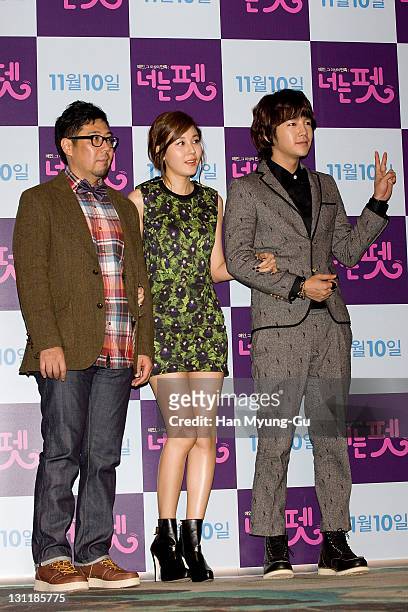 South Korean director Kim Byung-Gon and actors Kim Ha-Neul and Jang Keun-Suk pose for media during a press conference for "You're My Pet" at Lotte...