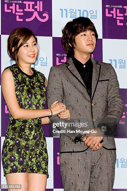 South Korean actors Kim Ha-Neul and Jang Keun-Suk pose for media during a press conference for "You're My Pet" at Lotte Cinema on November 2, 2011 in...