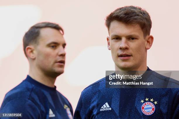 Goalkeeper Manuel Neuer of FC Bayern München and Goalkeeper Alexander Nübel of FC Bayern München seen ahaed of the Bundesliga match between FC Bayern...