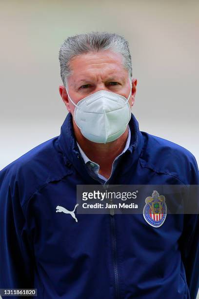 Ricardo Pelaez, sports director of Chivas wears protective mask prior to the 14th round match between Cruz Azul and Chivas as part of the Torneo...
