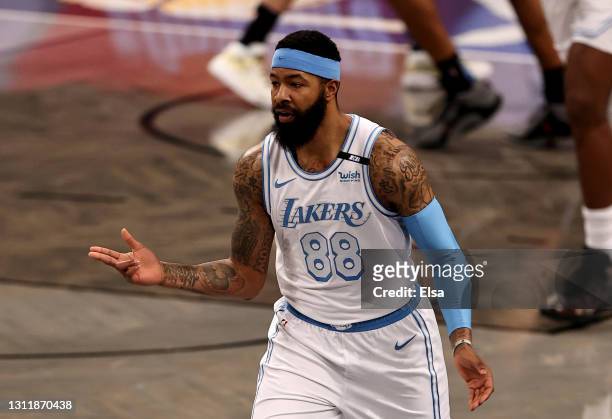 Markieff Morris of the Los Angeles Lakers celebrates his shot in the first quarter against the Brooklyn Nets at Barclays Center on April 10, 2021 in...