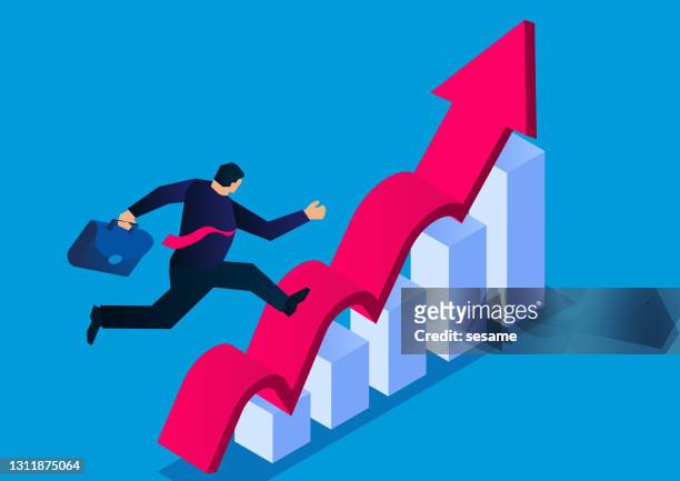 rapid development and growth, isometric businessmen running on the ups and downs of arrows - seeking stock illustrations