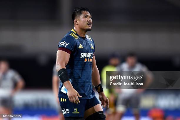 Kazuki Himeno of the Highlanders looks on during the round seven Super Rugby Aotearoa match between the Highlanders and the Chiefs at Forsyth Barr...