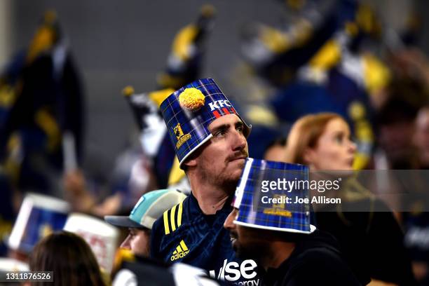 Fan looks on during the round seven Super Rugby Aotearoa match between the Highlanders and the Chiefs at Forsyth Barr Stadium, on April 10 in...