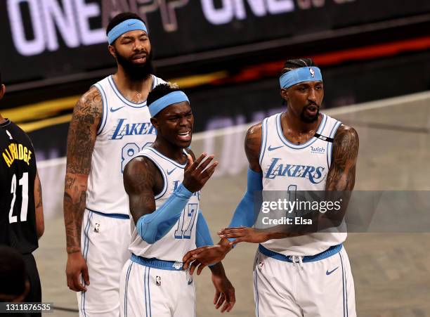 Dennis Schroder of the Los Angeles Lakers reacts after he was ejected from the game in the third quarter against the Brooklyn Nets at Barclays Center...