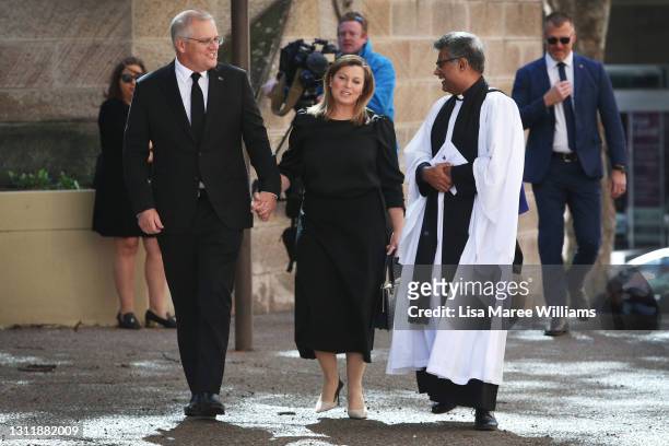 Prime Minister Scott Morrison and wife Jenny Morrison arrive for a service at St Andrews Cathedral to pay respects to Prince Philip, Duke Of...