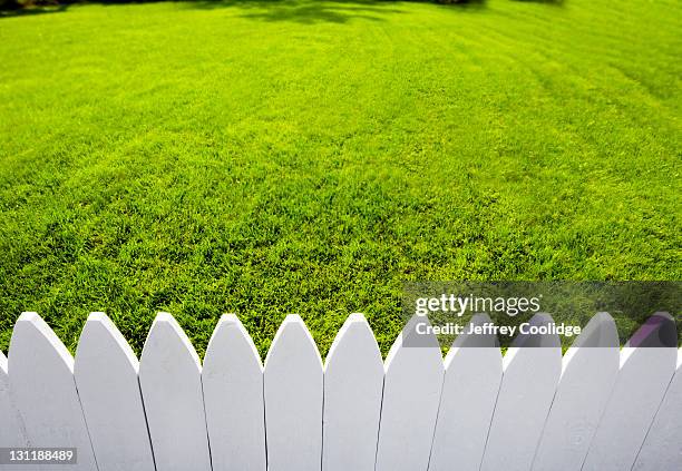 white picket fence and green grass - tuinhek stockfoto's en -beelden