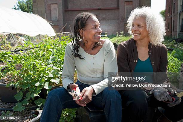 mature women friends at urban community garden - solo donne mature foto e immagini stock