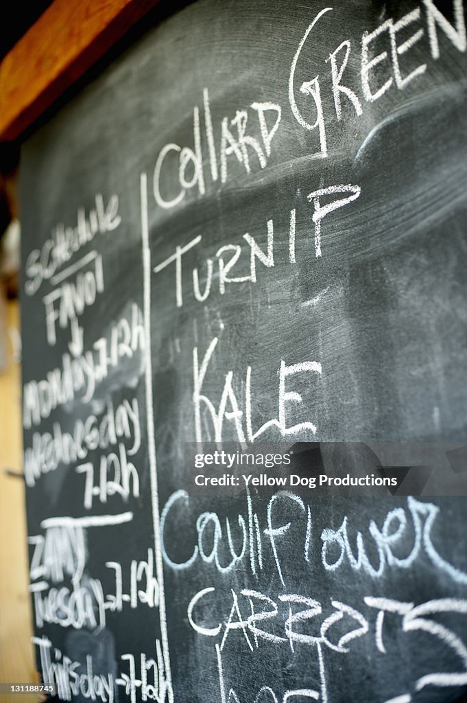 Board Showing Vegetables for Sale at Garden