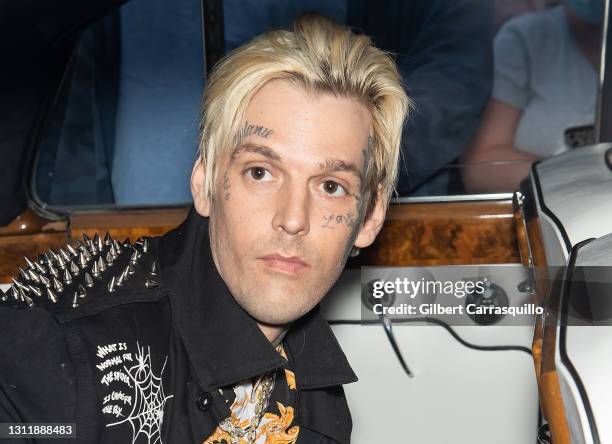 Aaron Carter is seen arriving to the Celebrity Boxing Face Off between Lamar Odom & Aaron Carter on April 10, 2021 in Philadelphia, Pennsylvania.