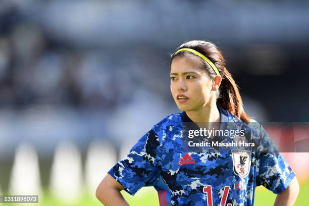Yui Hasegawa of Japan is seen during the Women's international friendly match between Japan and Panama at the National Stadium on April 11, 2021 in...