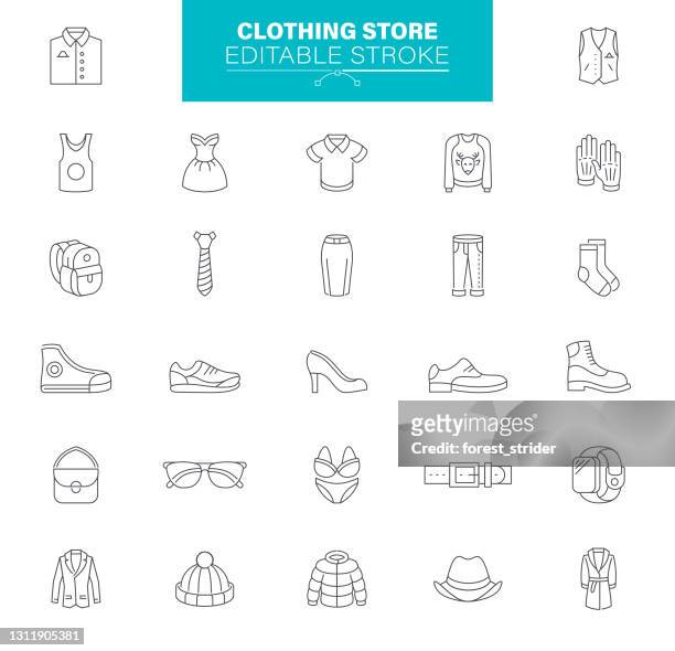 kleidung icons editierbaren strich. enthält symbole wie mode, jacke, t-shirt, mantel, schuh, unterwäsche, rock, hemd, kleid - waistcoat stock-grafiken, -clipart, -cartoons und -symbole