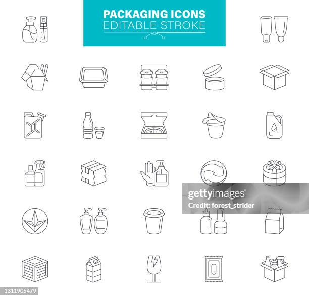 verpackung icons editierbaren strich. enthält symbole wie lieferung, take out food, bag, container - plastikmaterial stock-grafiken, -clipart, -cartoons und -symbole