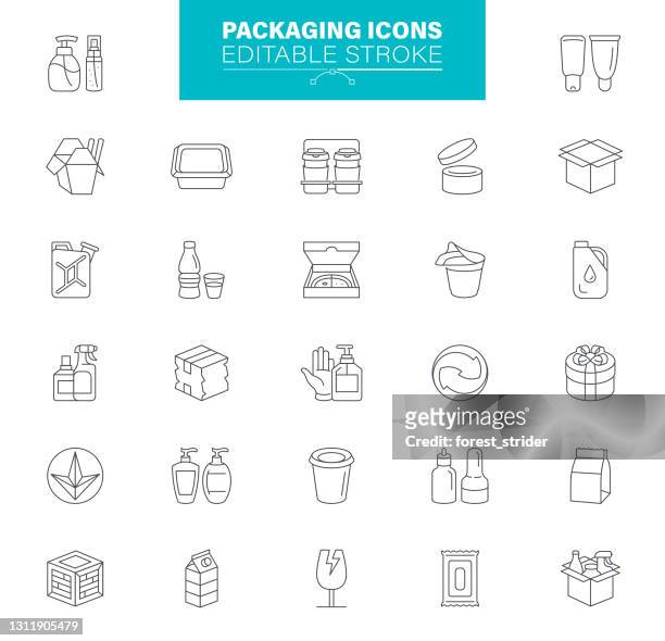 packaging icons editable stroke. contains such icons as delivery, take out food,  bag, container - plastic stock illustrations