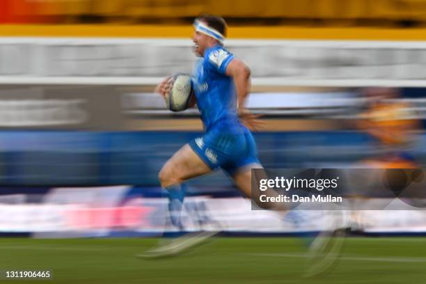 Rory O'Loughlin of Leinster makes a break during the European Heineken Champions Cup Quarter Final match between Exeter Chiefs and Leinster at Sandy...