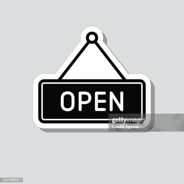 open sign. icon sticker on gray background - store sign stock illustrations