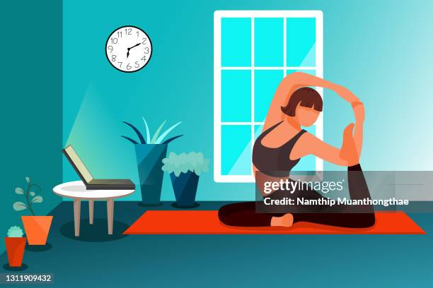 yoga online class concept illustration shows a woman is practicing the yoga following the trainer by using technology and internet connection between the yoga classroom and her home via a laptop. - yoga illustration fotografías e imágenes de stock