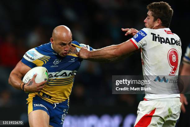 Blake Ferguson of the Eels is tackled during the round five NRL match between the Parramatta Eels and the St George Illawarra Dragons at Bankwest...