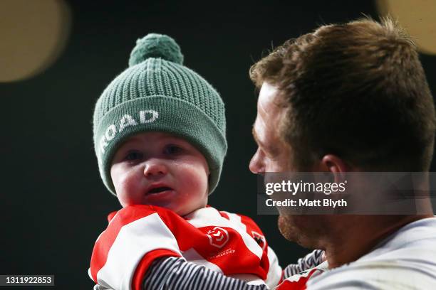 Trent Merrin of the Dragons and his son Mayne Merrin are seen after the round five NRL match between the Parramatta Eels and the St George Illawarra...