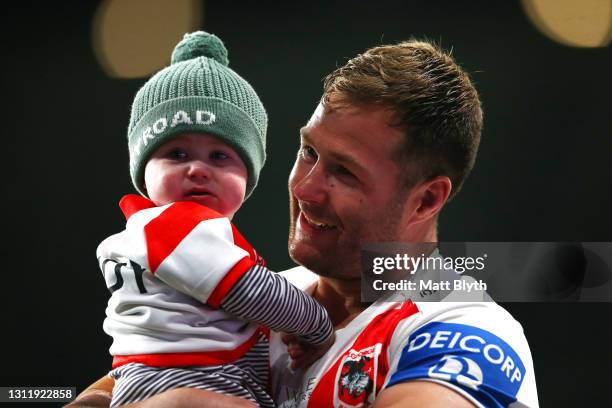 Trent Merrin of the Dragons and his son Mayne Merrin are seen after the round five NRL match between the Parramatta Eels and the St George Illawarra...