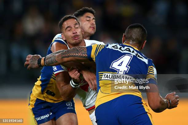 Corey Norman of the Dragons is tackled during the round five NRL match between the Parramatta Eels and the St George Illawarra Dragons at Bankwest...