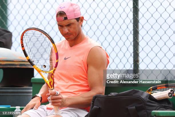 Rafael Nadal of Spain looks on during a training session on day 2 of the Rolex Monte-Carlo Masters at Monte-Carlo Country Club on April 11, 2021 in...