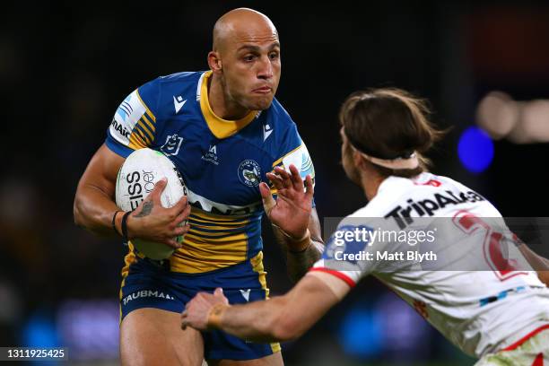 Blake Ferguson of the Eels runs the ball during the round five NRL match between the Parramatta Eels and the St George Illawarra Dragons at Bankwest...