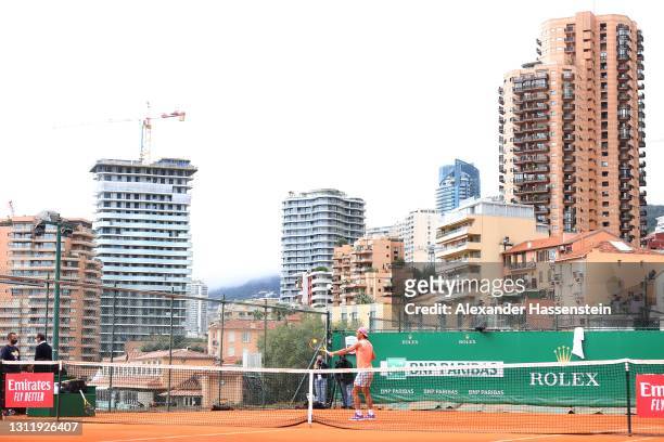 Rafael Nadal of Spain plays a backhand during a training session on day 2 of the Rolex Monte-Carlo Masters at Monte-Carlo Country Club on April 11,...
